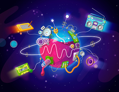 MilkyWaves Live Radio art colors creative design illustration mechanical planet radio space stars vector