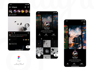 Instagram Redesign app black card daily01 dark mode design designer dribbble figma home inner screen instagram ios mobile app profile social app ui ux vector