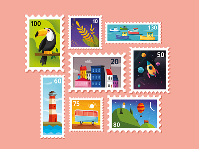 Stamp 2d adobe art boat city color digitalart editorial flat flatdesign illustration leaf letter lighthouse mail parrot post shot travel vector