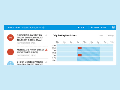 Parking regulation segment detail panel city data timeline ui