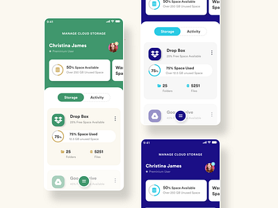 Cloud Storage Manager andoid app app blue cards cloud creative drive dropbox google homepage ios landingpage manager menu space storage tabs ui user ux