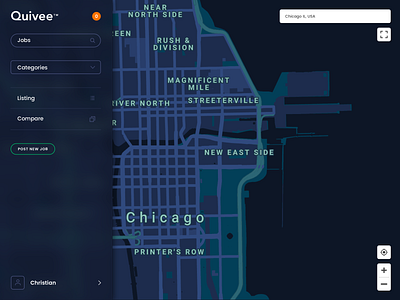 Quivee™ darkmode job listing mapping ui design