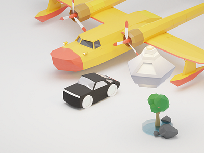 Black car white tires 3d blender cars illustration isometric lighting lowpoly plane tree ufo