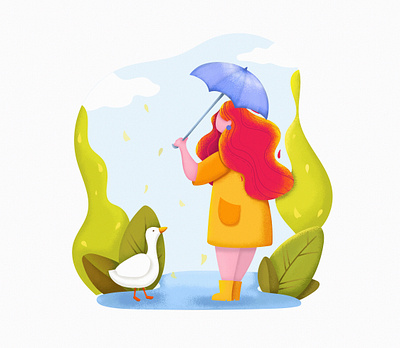 Rainy weather autumn character concept duck female flat girl goose illustration nature park people umbrella vector walk walking woman