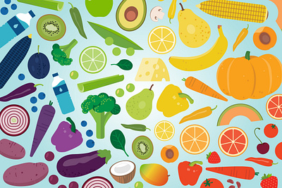 ADAC Rainbowoffoods 01 apricot banana broccoli carrot corn eggplant fruits healthy illustration kiwi lemon lime onion pear pepper potato rainbow vector vegetables water