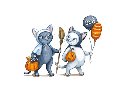 Halloween party animal cat cats cute draw fun funny halloween hand lettering illustration pet watercolor
