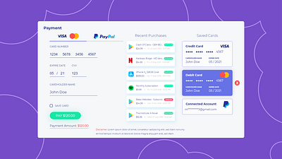 Payment Page / Recent Purchases / Saved Cards adobe xd calm mastercard payment payment form payment method paypal purchase purple ui ux visa card web webdesign