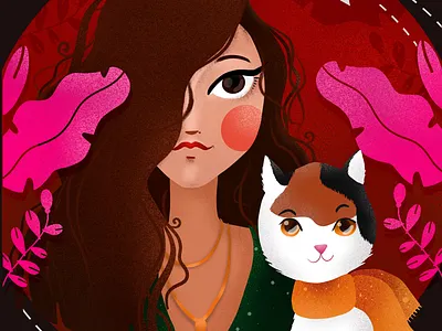 Inka cat curly digital art elena greta apostol ipad pro magenta pink plants portrait procreate red