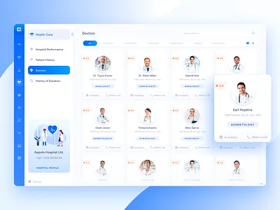 Doctor Search analytics chart clean dashboard cool dashboard dashboard doctor filter hospital app hospital management listing listings medical app medical dashboard medical ui medical web app menu minimal profile search bar tab