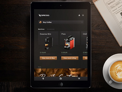 Nespresso website redesign – Ipad (concept) apple button cards coffee concept dark e commerce icon ipad nespresso redesign responsive shop shopping ui