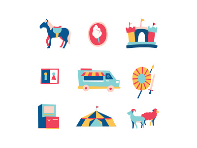 Family Fiesta animals arcade armor castle circus fiesta flat design food truck illustration petting zoo pinball restrooms show tent