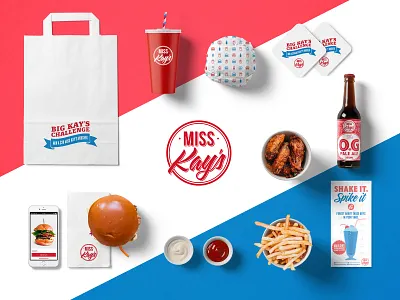 Miss Kay's Burger Bar bar brand brand identity branding burger design flatlay logo menu restaurant