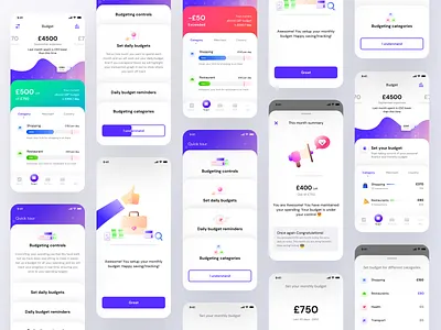 Budget setup all screens (Version 1) amount application budget categories flat gradient health icons illustration ios management mobile neel prakhar restaurant savings search sharma shopping transport