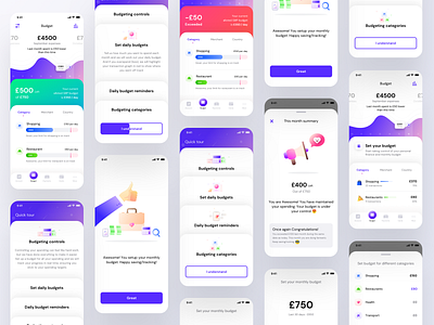 Budget setup all screens (Version 1) amount application budget categories flat gradient health icons illustration ios management mobile neel prakhar restaurant savings search sharma shopping transport