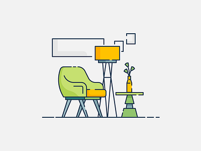 Interior Shot 3 2d flat furniture green icon illustration illustrator interior interior architecture interior design light line logo minimalism table ui ux vector