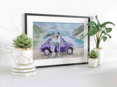 Summer trip in Como with pretty small Fiat 500 art couple fiat500 illustration italy love painting summer travel trip watercolor