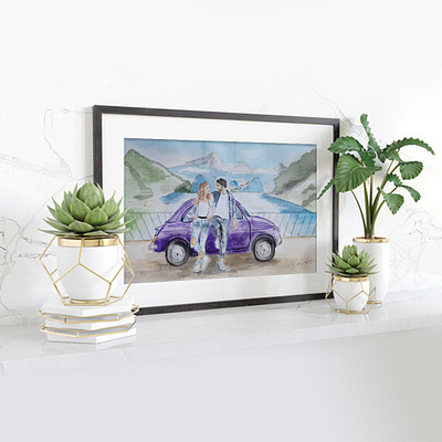 Summer trip in Como with pretty small Fiat 500 art couple fiat500 illustration italy love painting summer travel trip watercolor