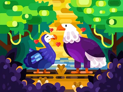 Love story birds character flower forest heart illustration love sun trees