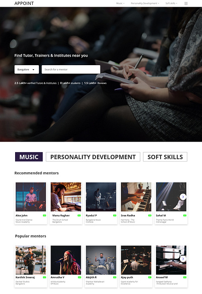 APPOINT application websites landing page. app booking design music personality development softskills teacher tutor ui ux webpagedesign