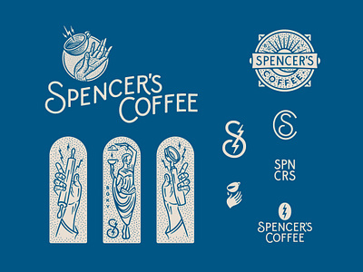 Spencer's Coffee Rebrand brand design brand identity branding branding and identity coffee coffee bean coffee cup coffee shop coffeehouse coffeeshop greek hand illustration lightning bolt line art logo logodesign logotype rebrand typography