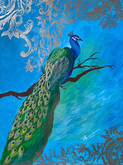 Indian Peacock acrylics miniature art