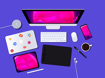 My Dream Workspace 2020 amazon echo coffee dribbble illustration ipad pro iphone mackbook nirmaluiux sticker wacom