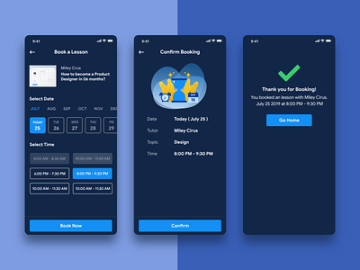 Booking a Lesson - Dark mode booking app clean design courses dark mode dark ui education education app illustration ios app material design trend 2019 uiux user experience user inteface