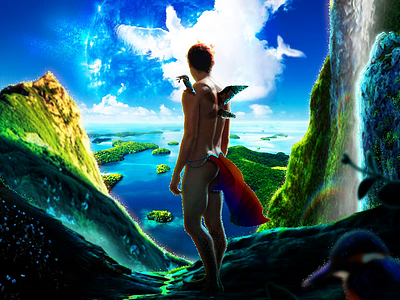 🌿🐦✧°˖ animation bird dreamscape exotical gay gif island kingfisher lagoon motion graphics mountain nature oasis ocean view paradise queer sanctuary tropical vista wind