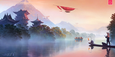 Asian land 2d aerostat airship aleksey litvishkov art digital art evening illustration landscape mountain pagoda river xsolla