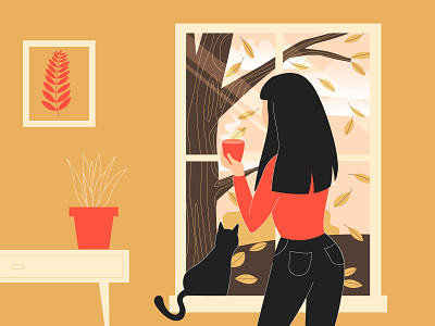 Autumn ritual autumn autumn leaves cat coffee design fall girl illustration tea vector illustration window