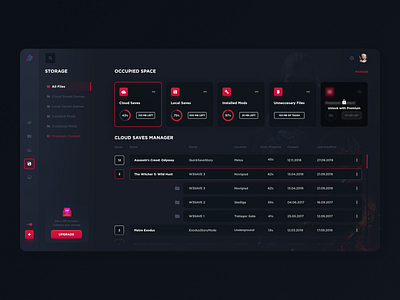 Game Modifications launcher - saved games storage app colorful dark theme dashboard data design game games gaming storage table tables ui user interface web