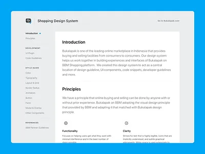 Introduction Page - BBM Shopping Style Guide blue design principle design system documentation flat guideline navigation principle style guide web app web design website
