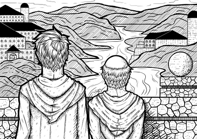 Blog Illustration blog bridge illustration line art man monastery monk old robe stone young