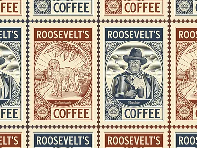 Roosevelt's Coffee badge branding coffee engraving etching graphic design illustration illustrator line art logo logo design peter voth design vector