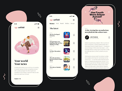 Unfold - Online publishing platform app article black blog clean clear dark dark ui design elegant illustration landing page logo medium minimal mobile pink publishing simple story