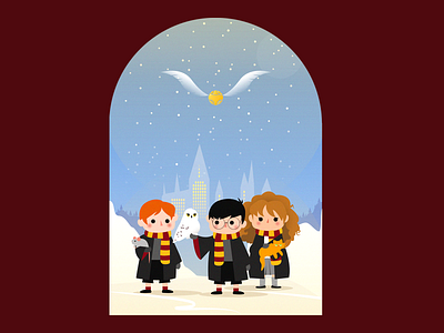 Winter at Hogwarts cute friends golden snitch graphic harry harry potter harrypotter harryvector hedwige hermione hermione granger hogwarts illustration illustrator potter ron ron weasley snow vector winter