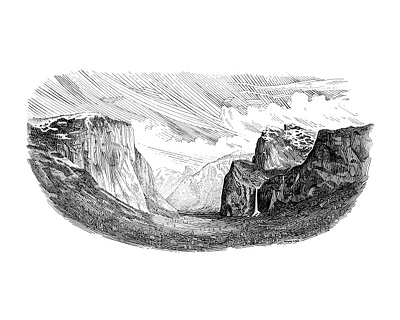 Yosemite black and white hand drawn illustration landscape line line art mountains pen and ink traditional waterfall yosemite