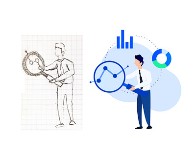 Flat illustration for landing page app applicaiton blue character flat design illustraion magnifier pie chart pie charts zoom