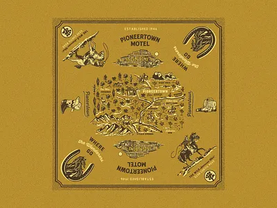 Bandana design for Pioneer Town Motel artwork bandana design designdirection graphicdesign illustration lettering logo typography vintage