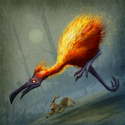 fire ostrich and swamp hare concept art conceptart creature digitalpainting fantasy fire hare illustration ostrich swamp