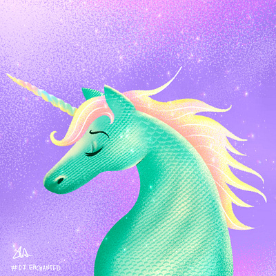 Inktober Day7 - Enchanted colorfull green illustration inktober inktober2019 inktoberday7 pink purple unicorn yellow