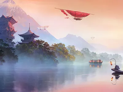 Asian land (right part) 2d aleksey litvishkov art asia digital art illustration landscape river sci fi xsolla