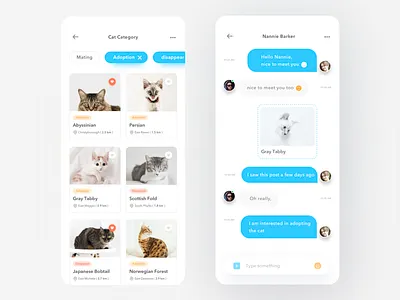 Pet Sharing App adopt adoption animal app card cat chat clean conservation design dog donate ios message mobile pet petshop profile simple ui
