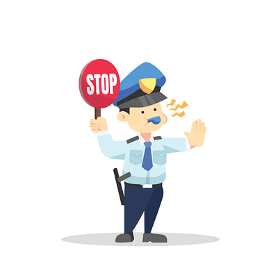 Policeman Character Design character cute design flat friendly fun gesture illustration law man cartoon officer police policeman stand stop traffic vector whistle