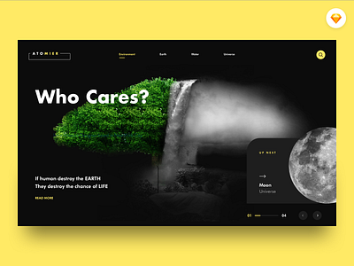 ATOMIER - A Step Toward UNIVERSE atomic design black theme concept dark app dark ui earth editorial education environment exploration graphic design human landing page moon nature trees ui ux ui design universe web design