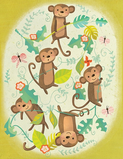 Baby Monkeys animal illustration baby baby gift baby room childrens book illustration childrens illustration cute animals cute jungle print jungle kids books monkey monkeys nursery art surface design wall art whimsical