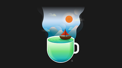 The lake in the coffee cup. adobe background cartoon coffee creative cup design drink flat graphic illustration illustrator lake landscape sky smoke vector wallpapers water