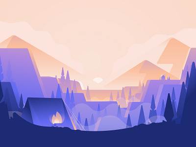 Camping Web Header Illustration campground camping dusk fireplace fog forest gradient hellsjells hills illustration mountains nature skyline sunrise sunset tent