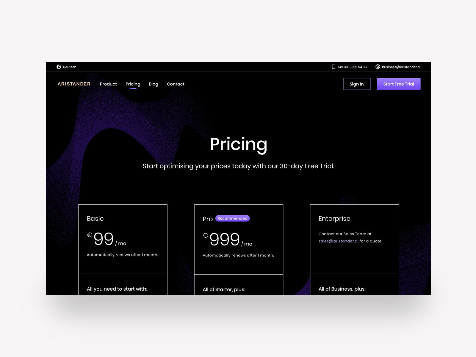 AristanderAI Pricing Page animation design desktop homepage interface landing page plan pricing pricing page pricing plan pricing plans pricing table promo typo typography ui ux web website website design