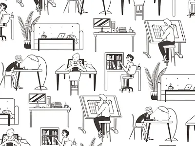 Workspace advert advertising blackandwhite branding character illustration characters design desk hotdesk illustration illustrator limited palette rent studio website